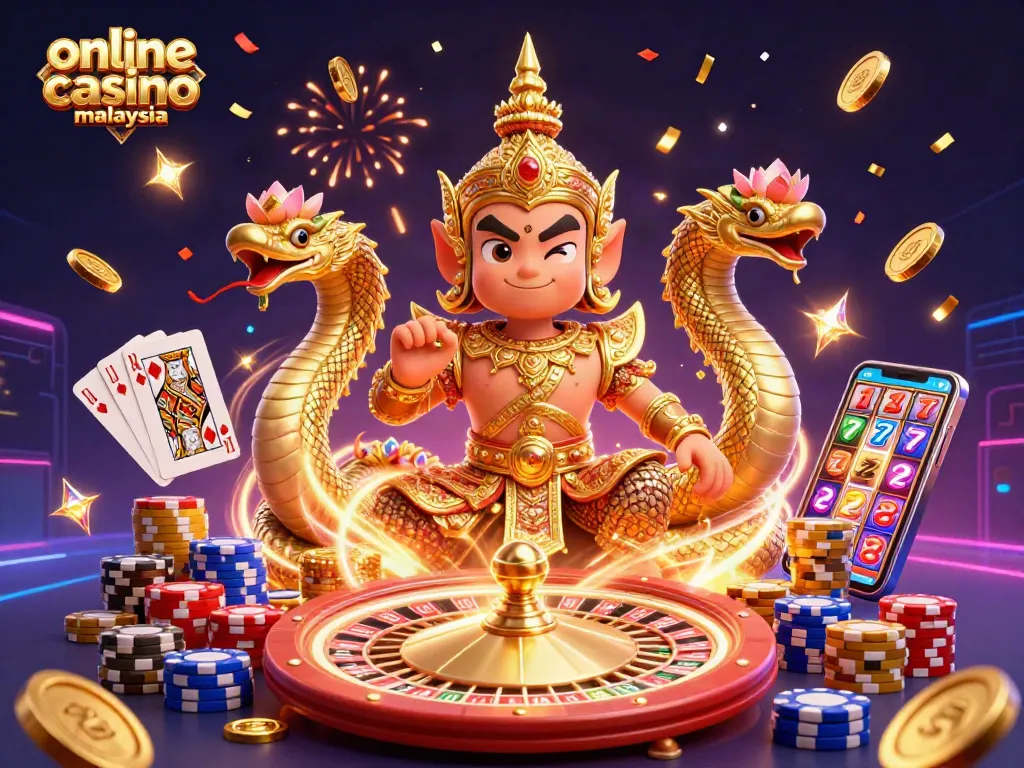 Experience the excitement of online casino Malaysia with vibrant characters, spinning roulette, and floating coins.
