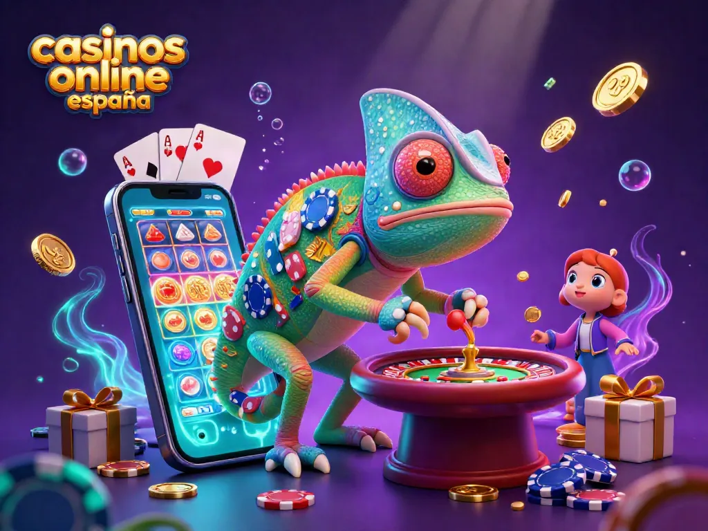 Disfruta de la emocionante experiencia en casinos online en España mientras un camaleón trae suerte con monedas doradas.