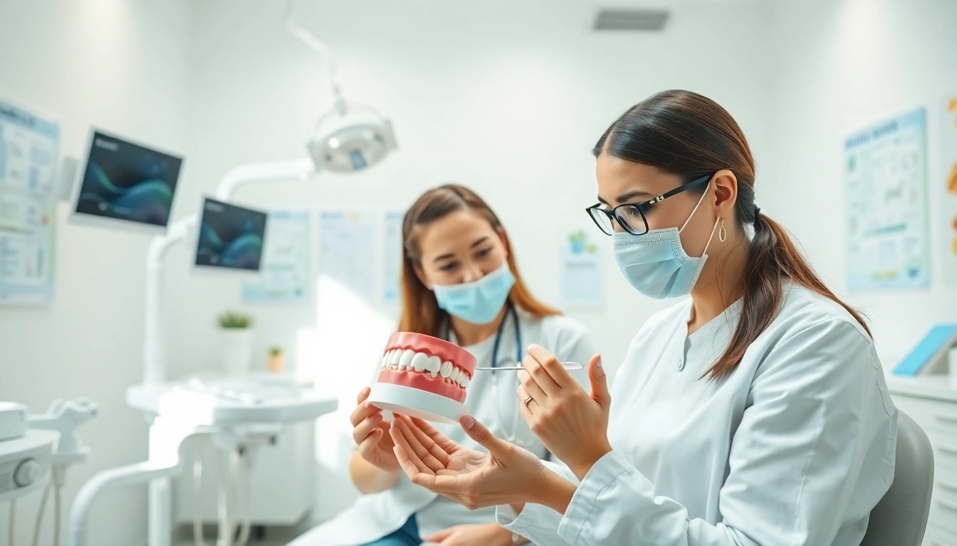 Dentist examining a dental model while interacting with a patient in a modern clinic.