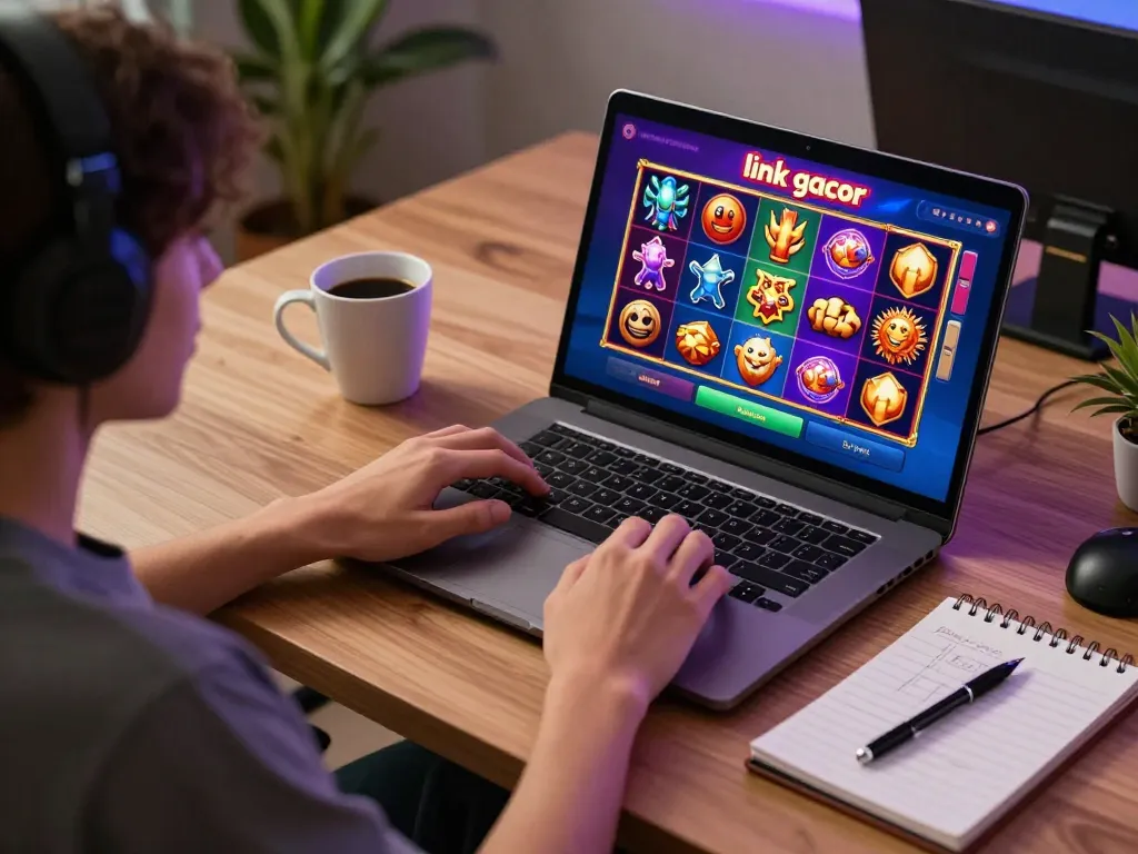 Engaging in vibrant online slot gaming with link gacor display, cozy gaming setup.