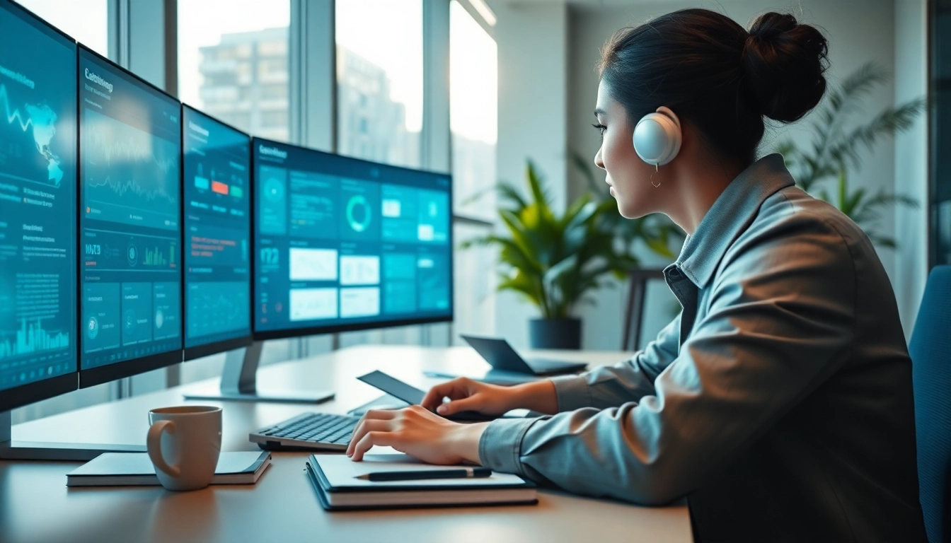 Engaging AI assistant for enterprise assisting in a modern office setup with digital interfaces.