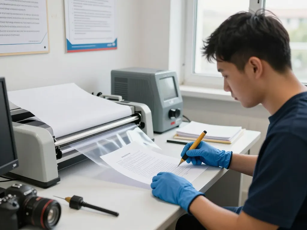 Bóc plastic technique demonstrated by a technician in a professional office setting.