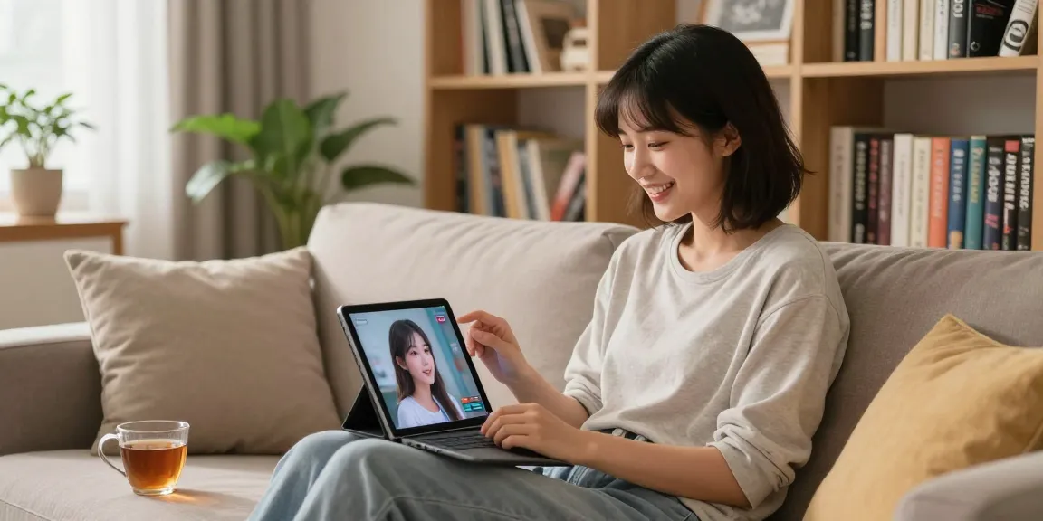 Engaging with an AI girlfriend in a cozy living room setting, showcasing modern companionship.