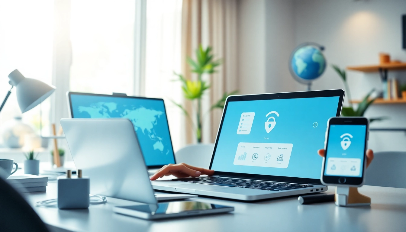 在现代工作区的设备上展示的快连下载 VPN 应用程序，用于安全上网。
