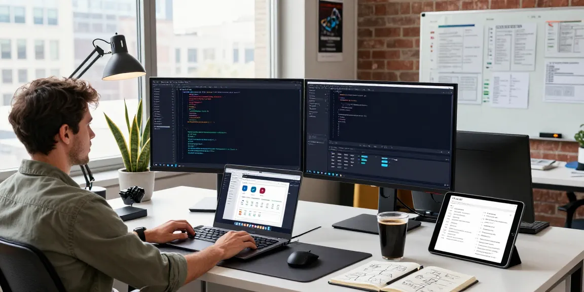 Explore Notepad++ on a modern workspace featuring dual monitors for coding and design.