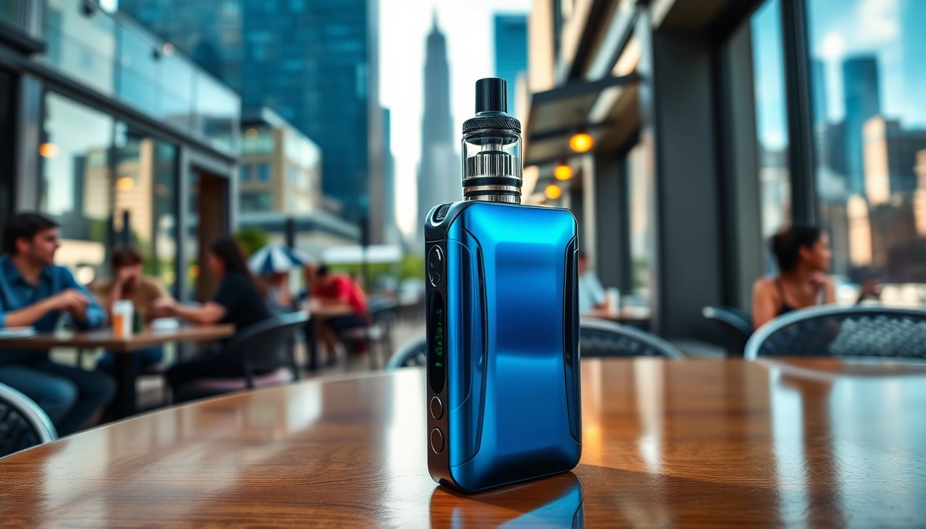 Vozol vaping device in a stylish urban café setting, highlighting modern design features.