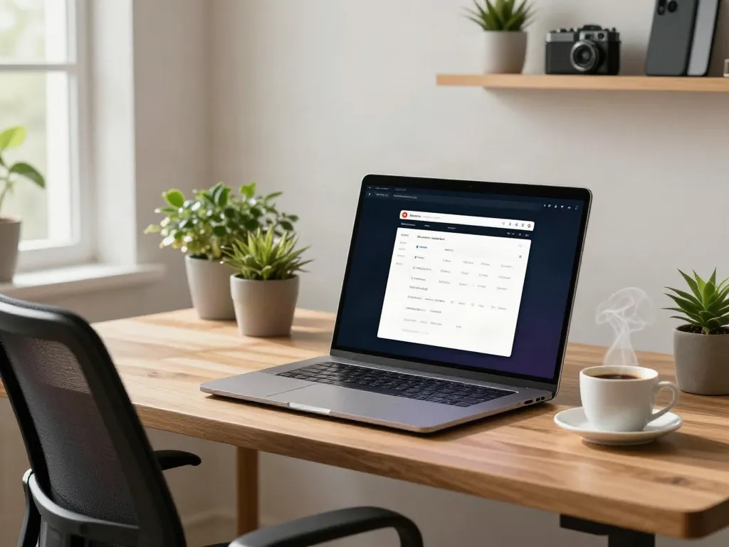 Person using brave浏览器 on a laptop in a modern home office.