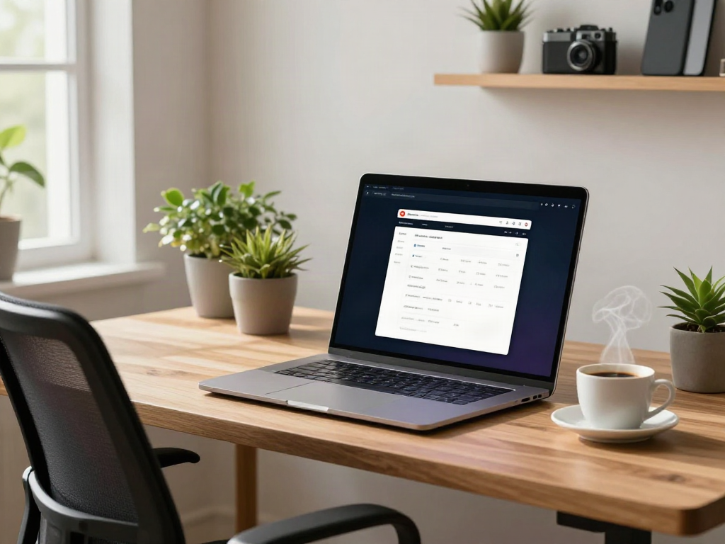 Person using brave浏览器 on a laptop in a modern home office.