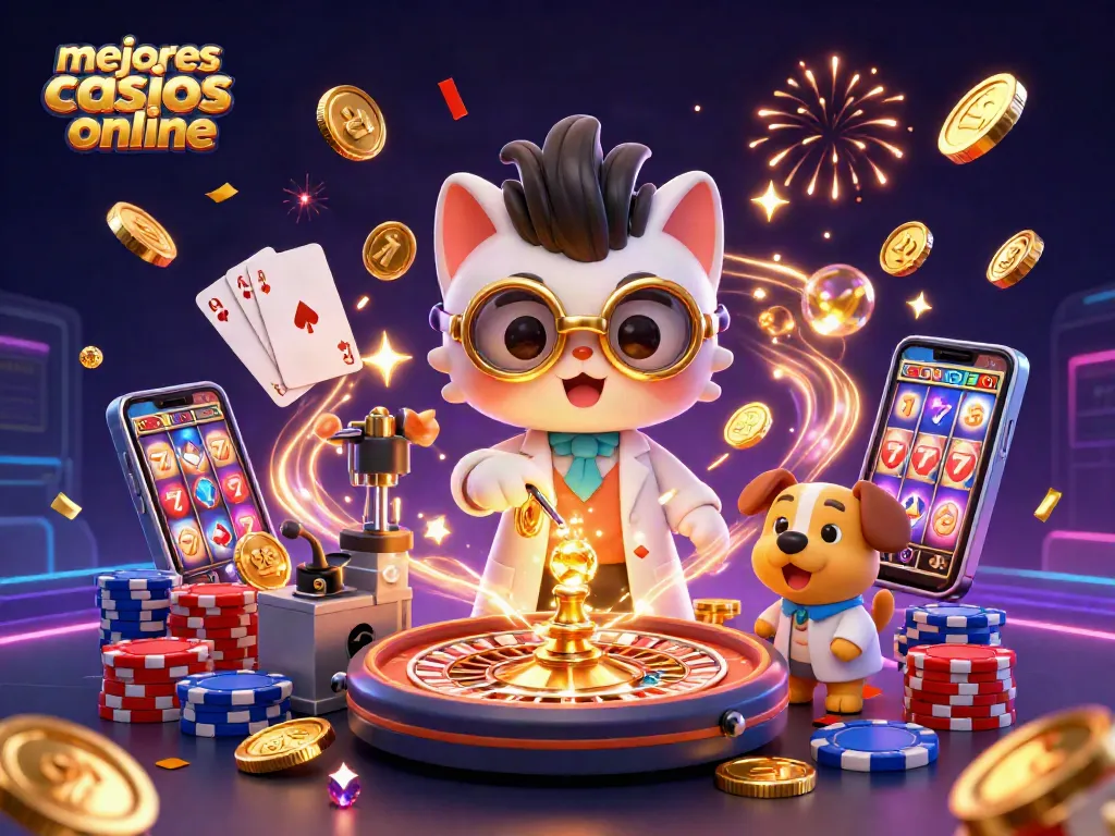 Disfruta de la acción en los mejores casinos online con esta animación envolvente de un gato científico y su perro ayudante.