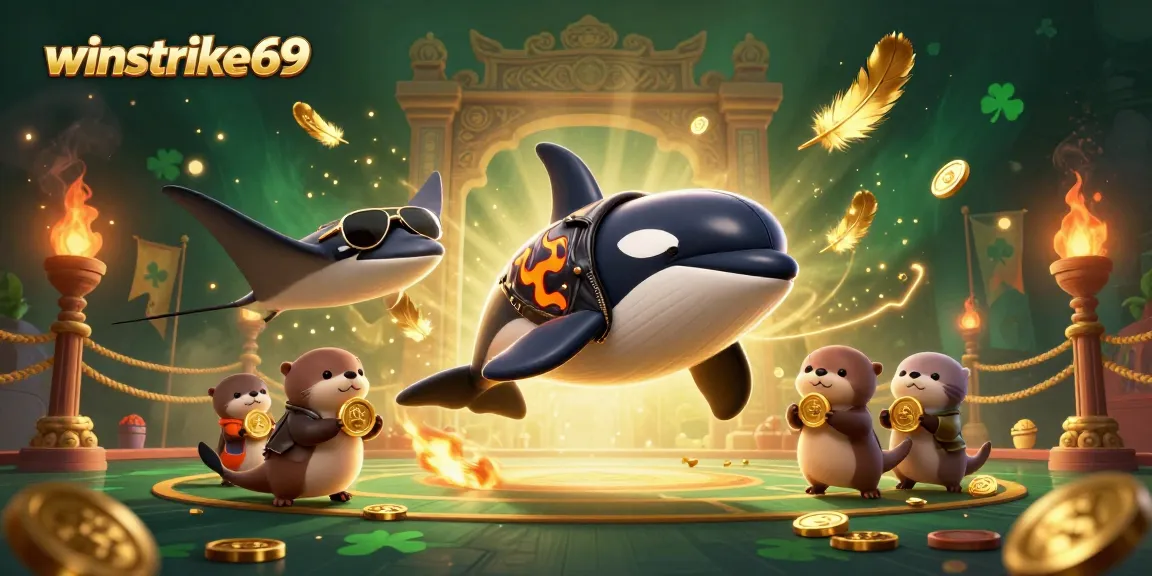 Winstrike69 promotes excitement with a thrilling gambling scene featuring adorable sea creatures and golden coins.