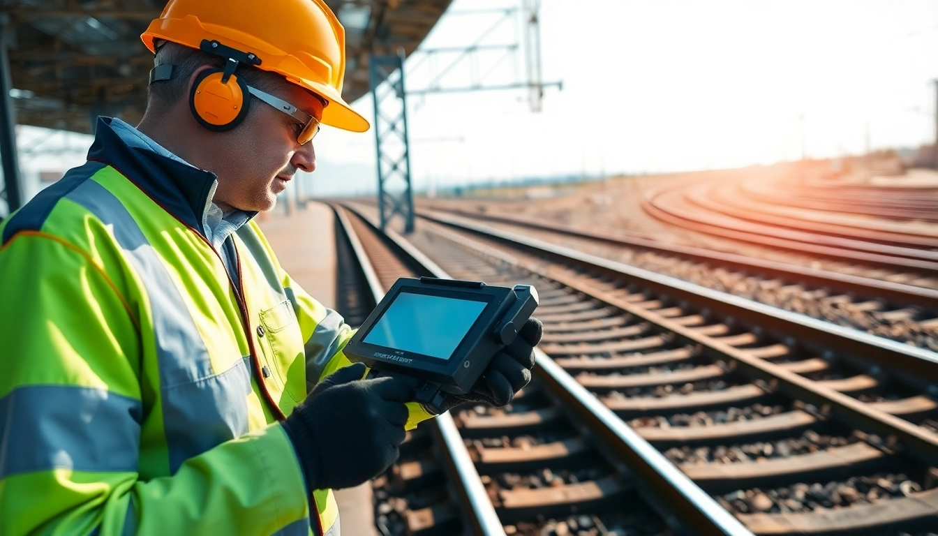 Track Inpection in progress by a professional inspector examining railway tracks with advanced tools.