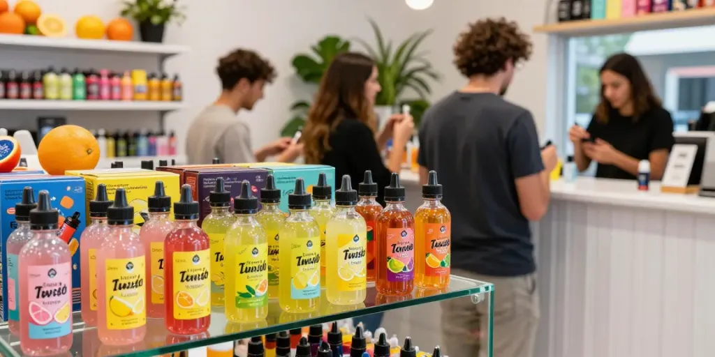 Lemon Twist eliquid 120ml bottles displayed in a vibrant vape shop, showcasing bold citrus flavors.