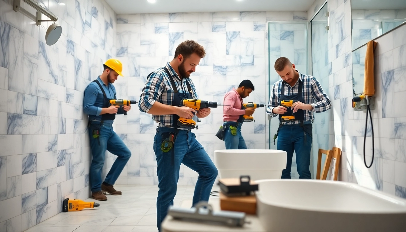 Skilled bathroom renovation contractors near me installing fixtures in a modern space.
