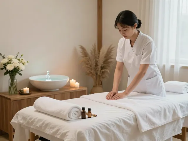 Relaxing 성북구출장마사지 scene with a serene home spa setup.