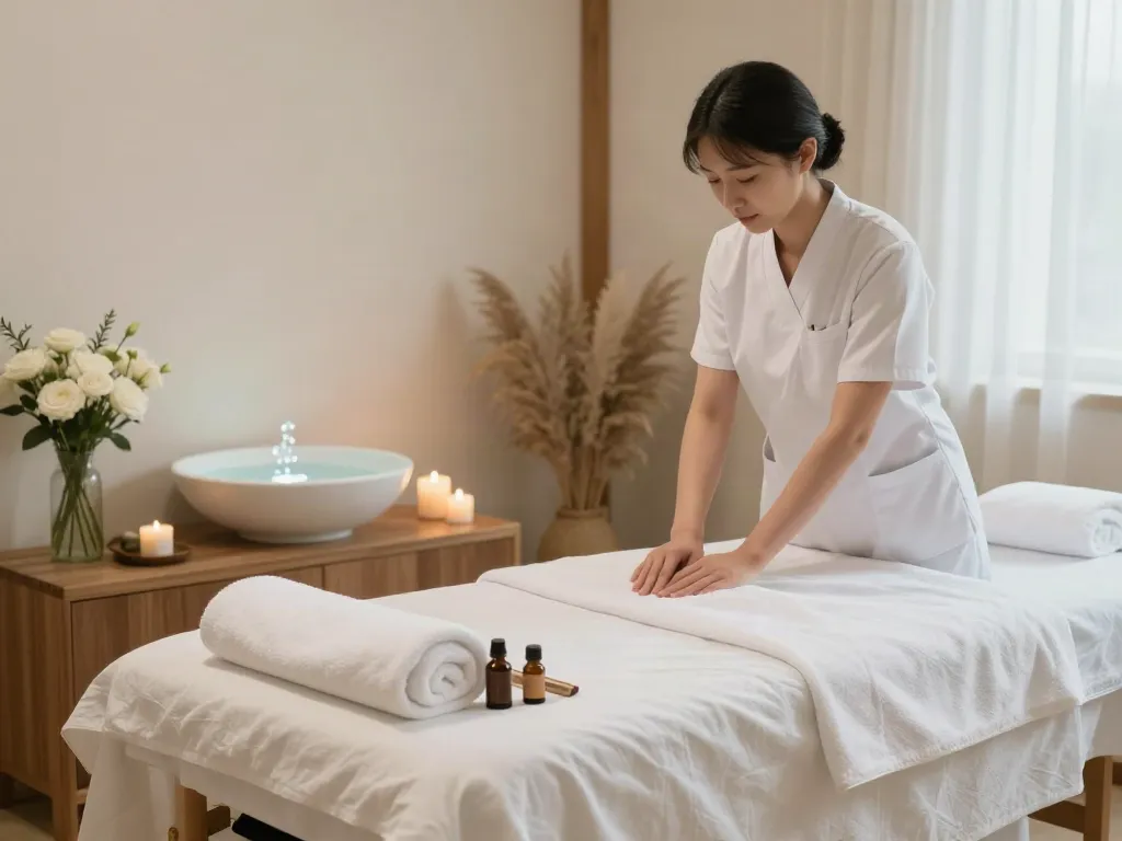 Relaxing 성북구출장마사지 scene with a serene home spa setup.