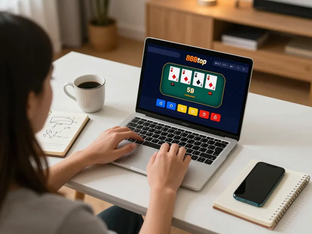 Engaging in online poker at 888top with a laptop showing gameplay and strategies.