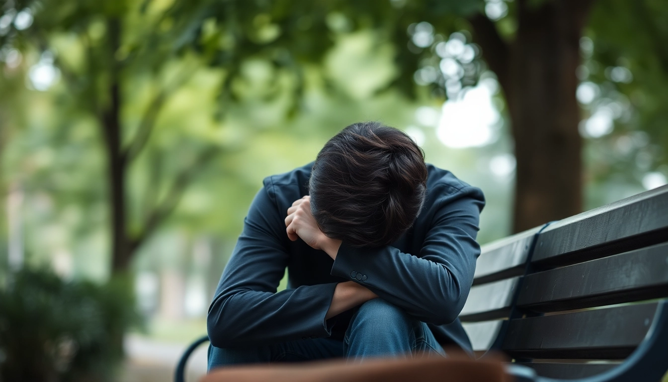 Person contemplatively showing depression symptoms while seated in a tranquil park setting.