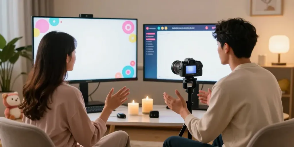Couple enjoying a live porn cam show in a cozy setting.