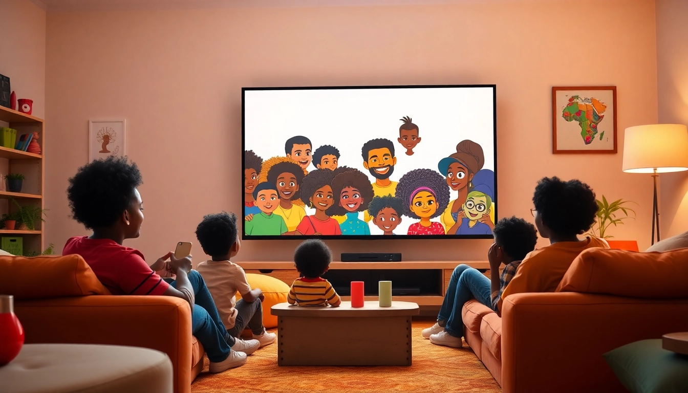 Enjoying lively African American cartoons with family in a cozy living room.