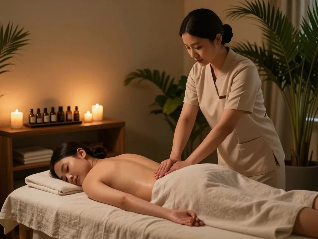 Swedish massage session in a tranquil spa setting, showcasing essential oils and calming ambiance.