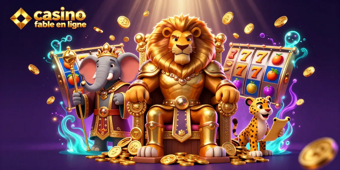 Illustration de casino fiable en ligne avec roi lion, éléphant, et guépard entourés de machines à sous.