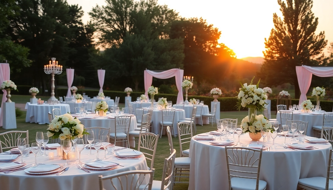 Set of elegant Wedding & Event Rentals arranged beautifully outside with romantic lighting.