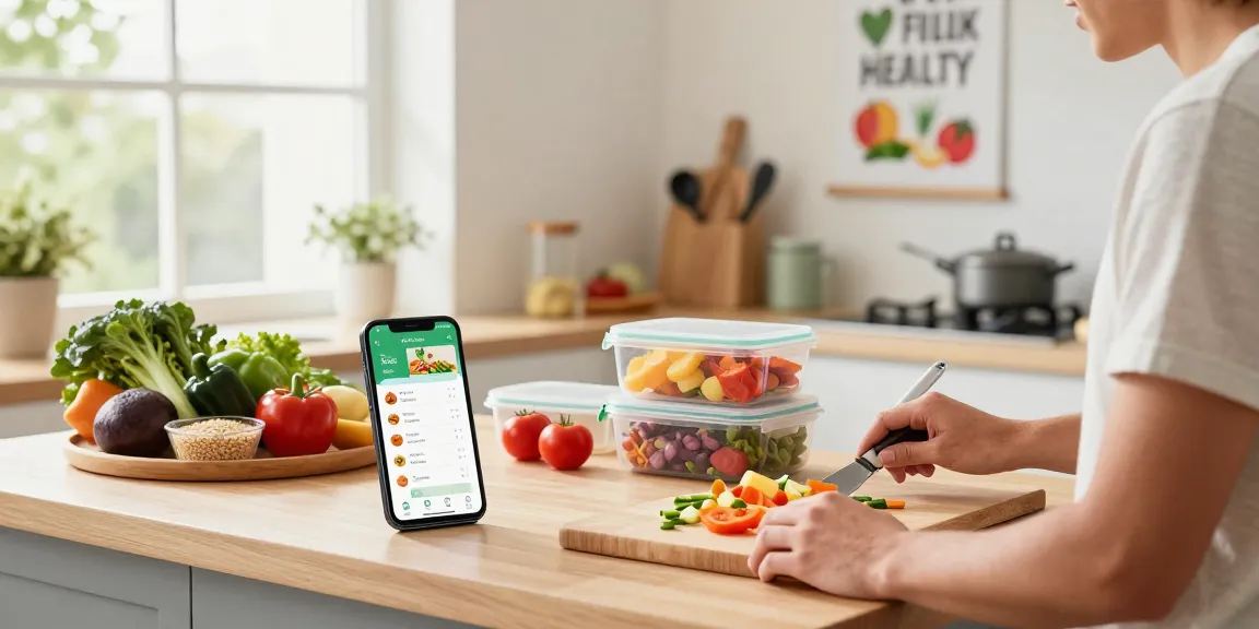 Healthy meal prep scene showcasing the best food tracker app in action, vibrant ingredients, and a supportive kitchen environment.