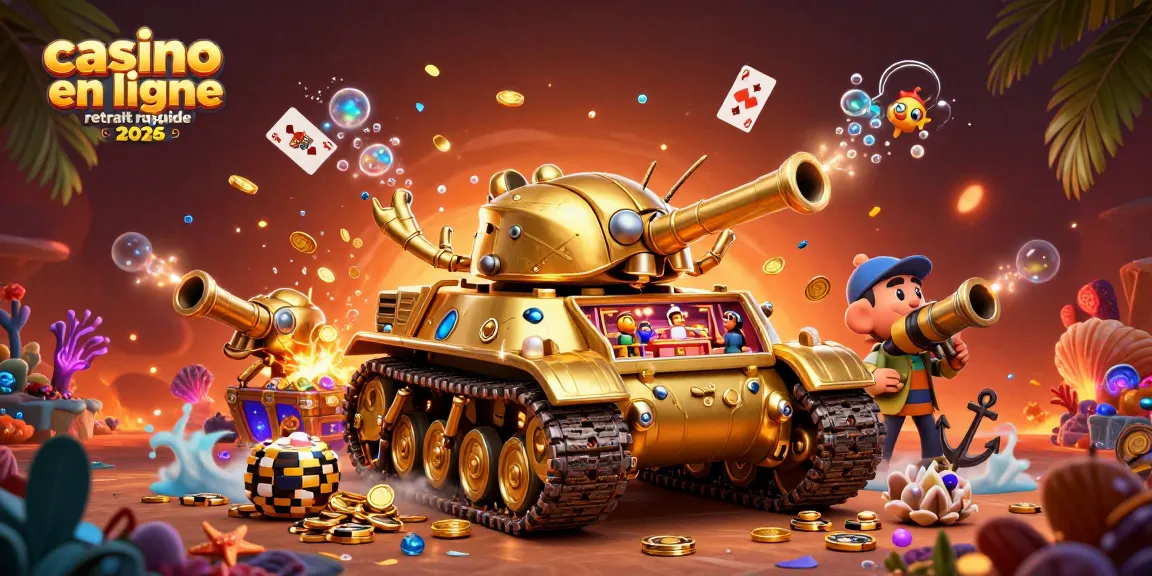 Illustration d'un casino en ligne retrait rapide 2026 avec un tank doré rempli de jeux et de pièces qui éclatent.