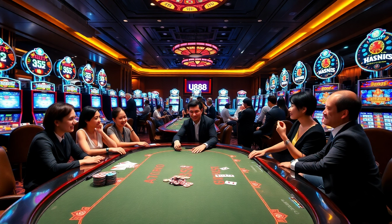 U888 gaming table setup with colorful chips and engaged players in a lively casino atmosphere.