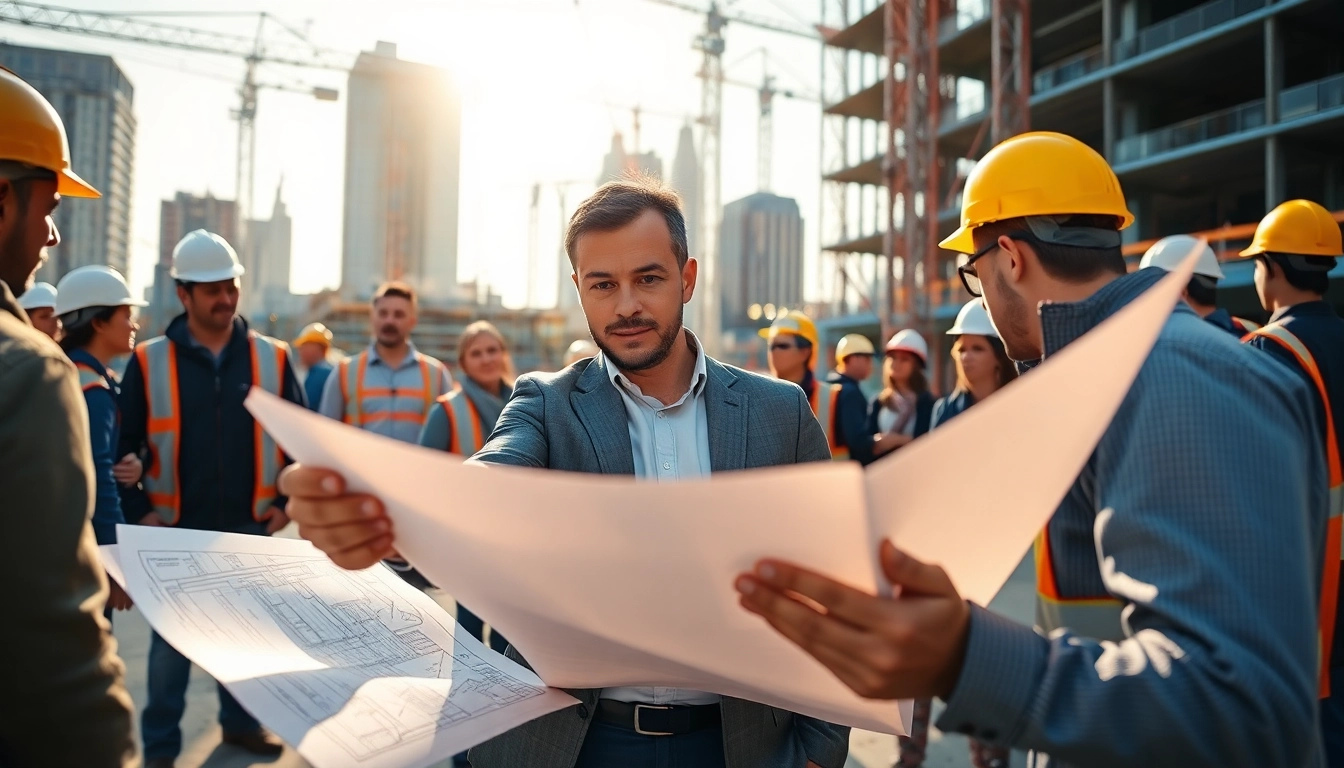 Manhattan Construction Manager analyzing plans among a busy construction site.