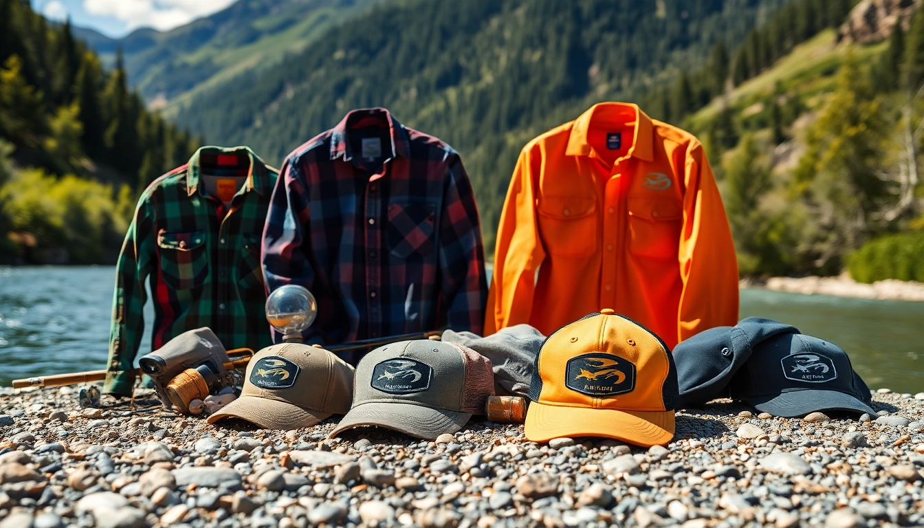 Showcasing fly fishing apparel in a scenic outdoor setting with vibrant designs and textures.
