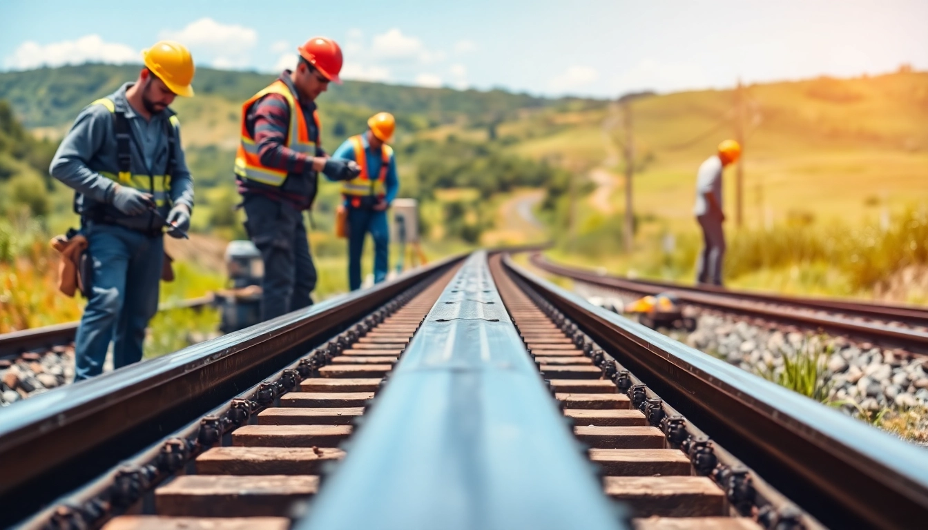Workers performing critical railway maintenance with tools on a railroad track.