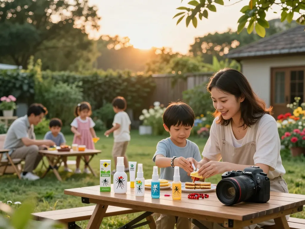 Family enjoying outdoor picnic with mosquito repellent products for effective protection.