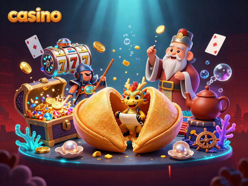 Engaging casino scene featuring a giant fortune cookie and characters amidst slot reels and treasure.