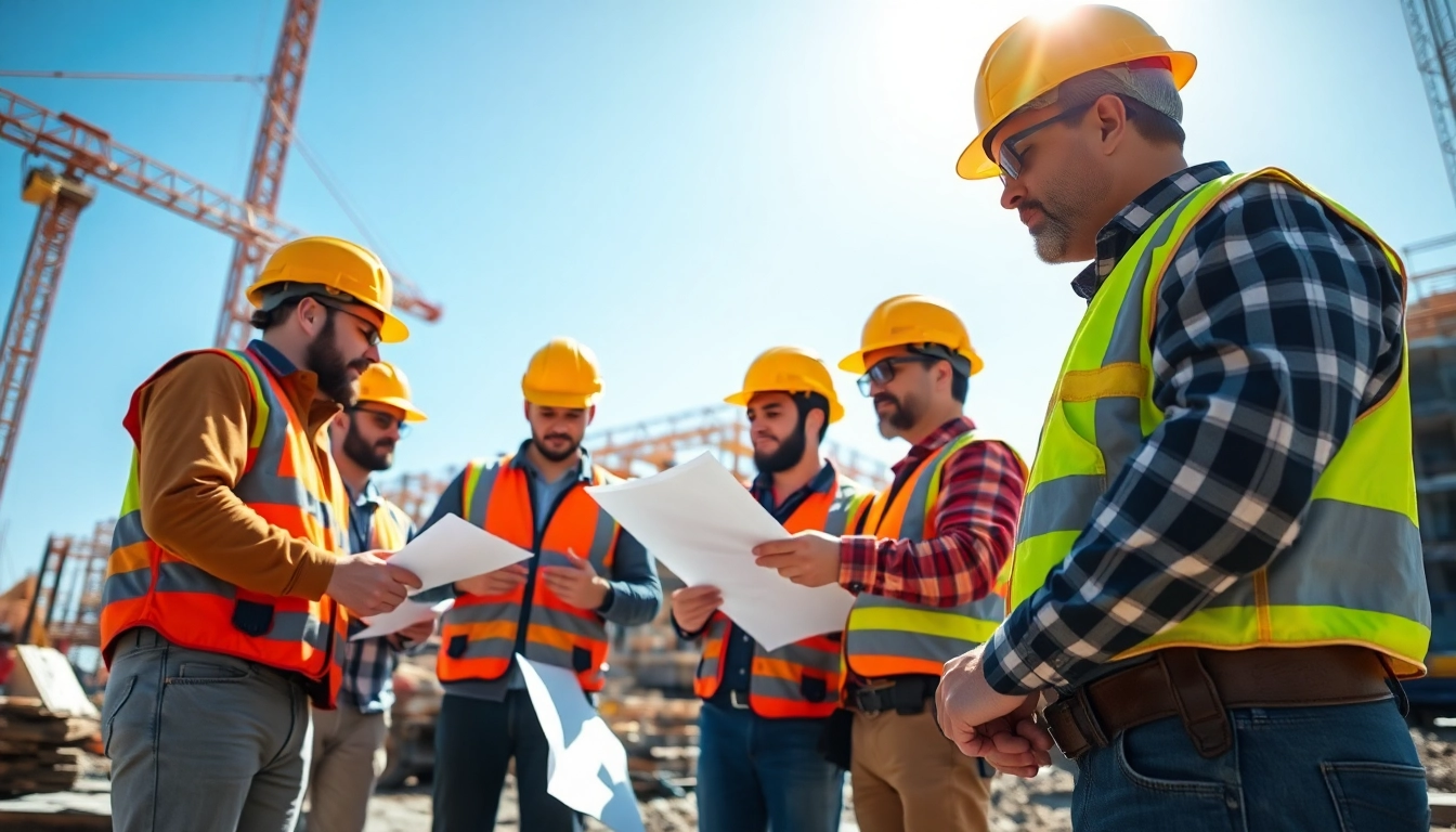 Showcasing a construction association, professionals collaborate on a vibrant building site.