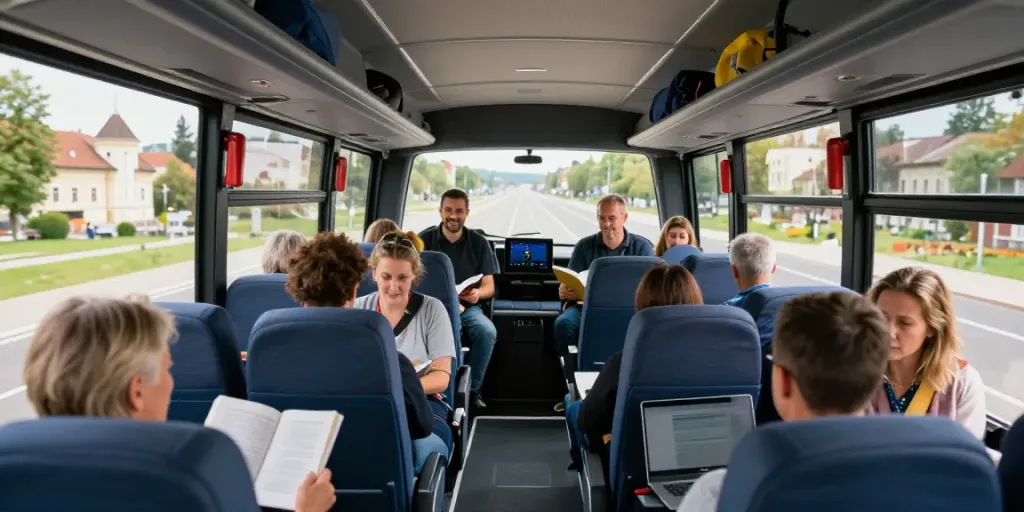 Autocar Chișinău Europa - pasageri confortabili călătorind spre destinații europene.