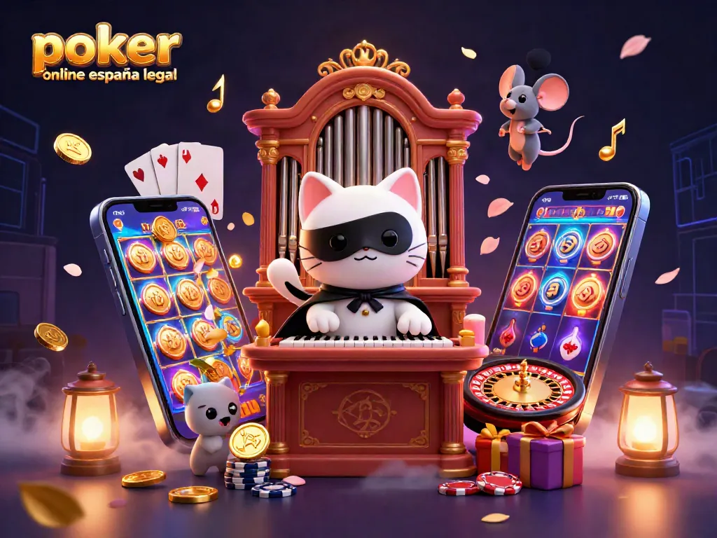 Disfruta del póker online en España legal con una ilustración vibrante y dinámica de un gato fantasma y elementos de casino.