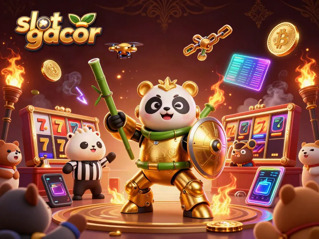 Pemain memainkan slot gacor dengan robot panda emas beraksi dalam liga pertarungan, berkesempatan untuk menang besar.