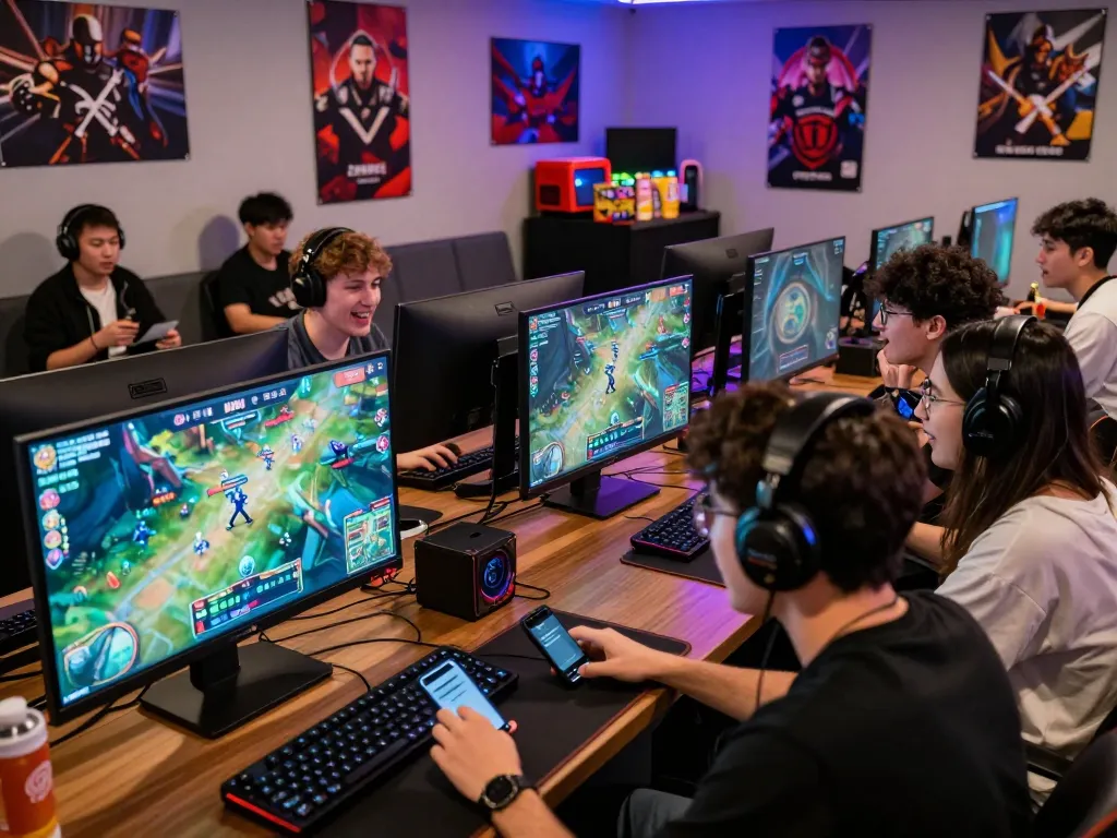 Nổ hũ hubet88 esports hub with enthusiastic fans watching live matches and placing bets.