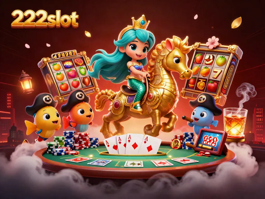 Ilustrasi kasino 222slot dengan putri duyung, kuda laut, dan simbol buah cerah.