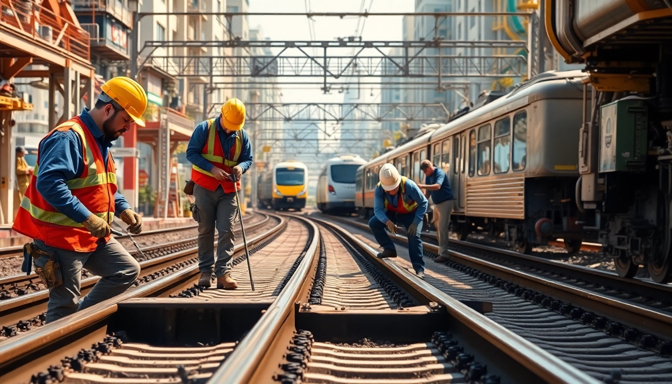 Railroad Maintenance Services team conducting track repairs and inspections in an urban setting.