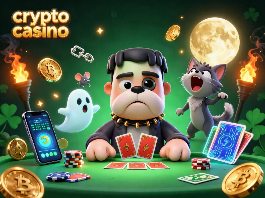 Gioca in un crypto casino con un bulldog Frankenstein che distribuisce carte e monete Bitcoin.