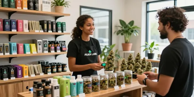 Alien Labs cannabis products display in a welcoming dispensary with a knowledgeable budtender.