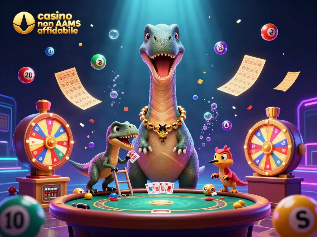 Giocatori godono del casino non AAMS affidabile mentre il brontosauro osserva, creando un'atmosfera di festa.