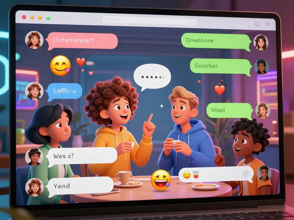 AI chat porn scenario with diverse characters engaging in flirty chat within a colorful interface.