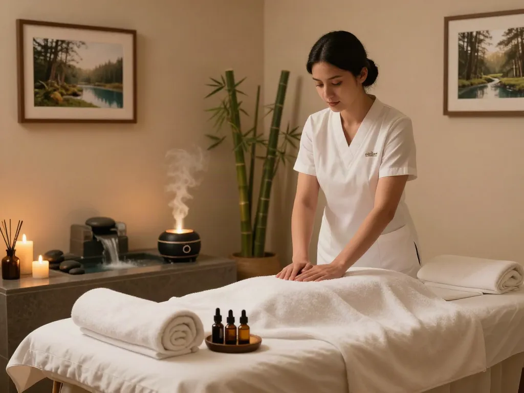 Relaxing 연신내출장마사지 scene with serene therapist preparing a soothing space.