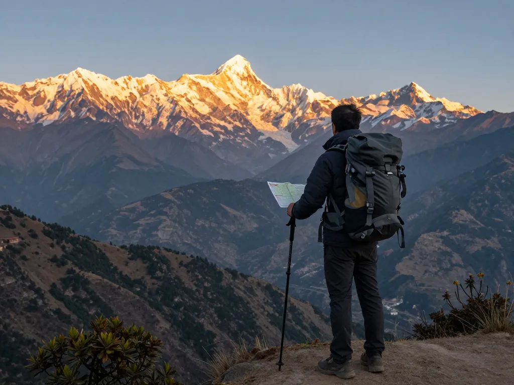 Traveler preparing to trek to Annapurna Circuit at sunset, showcasing breathtaking mountain views and adventure gear.