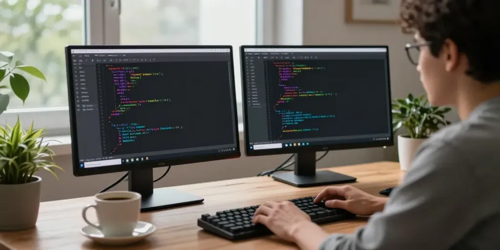 Coder using notepad software in a modern workspace with dual monitors