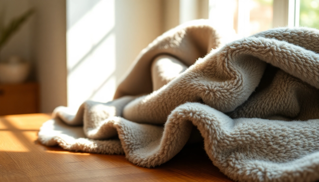 Fleece stof met rijke textuur en aardse kleuren op een houten tafel.