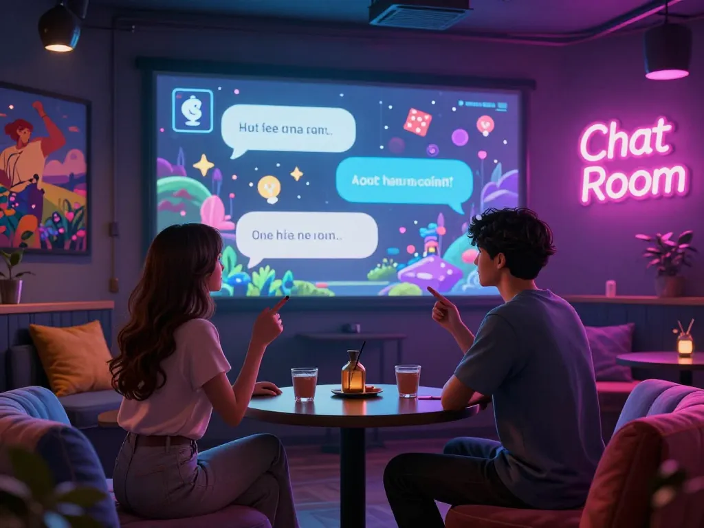 Engaging NSFW chat in a cozy digital lounge with interactive avatars and playful ambiance.